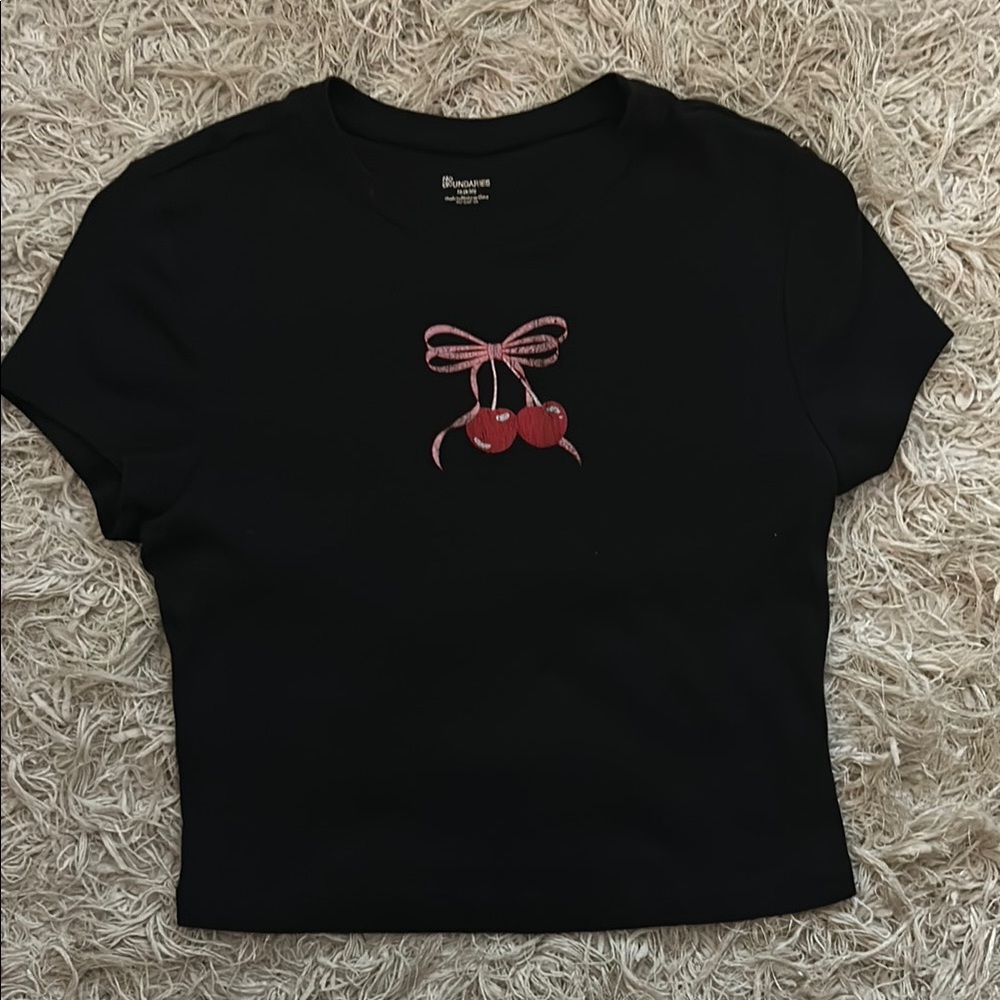 No Boundaries Black Crop Top with Cherry Design